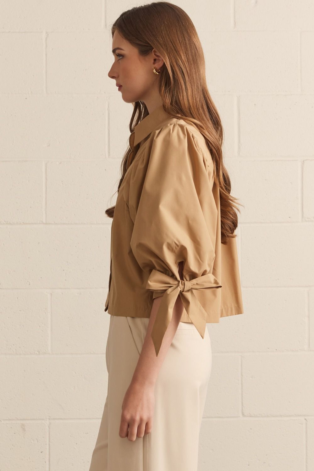Camel Scallop Button Up Top