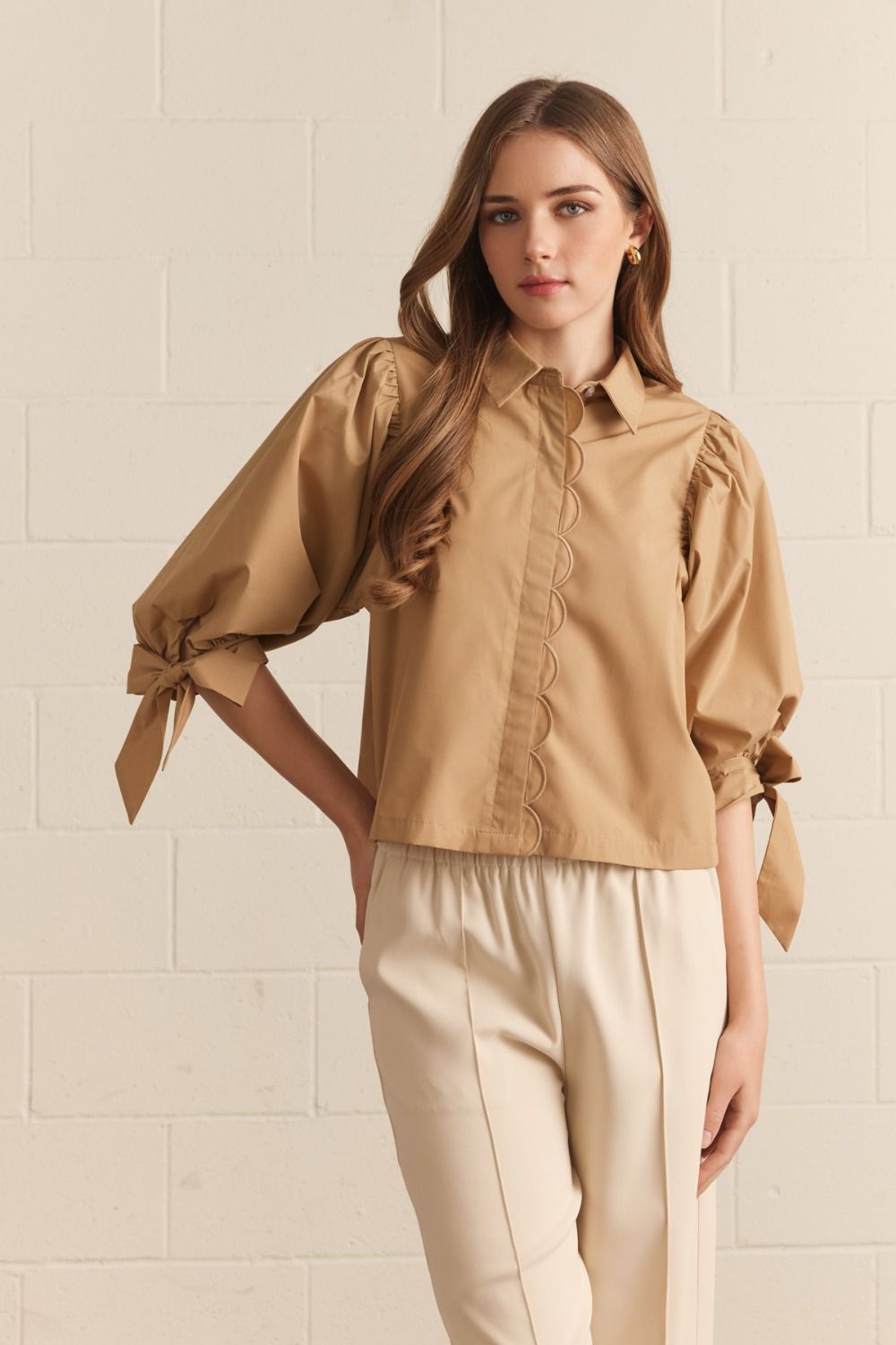 Camel Scallop Button Up Top