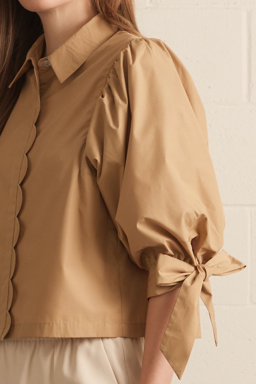 Camel Scallop Button Up Top