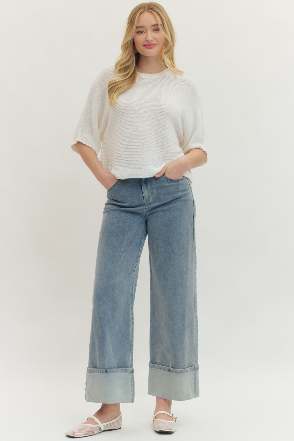 White Knit Drop Sleeve Top