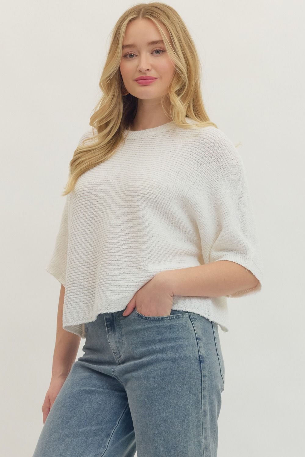 White Knit Drop Sleeve Top