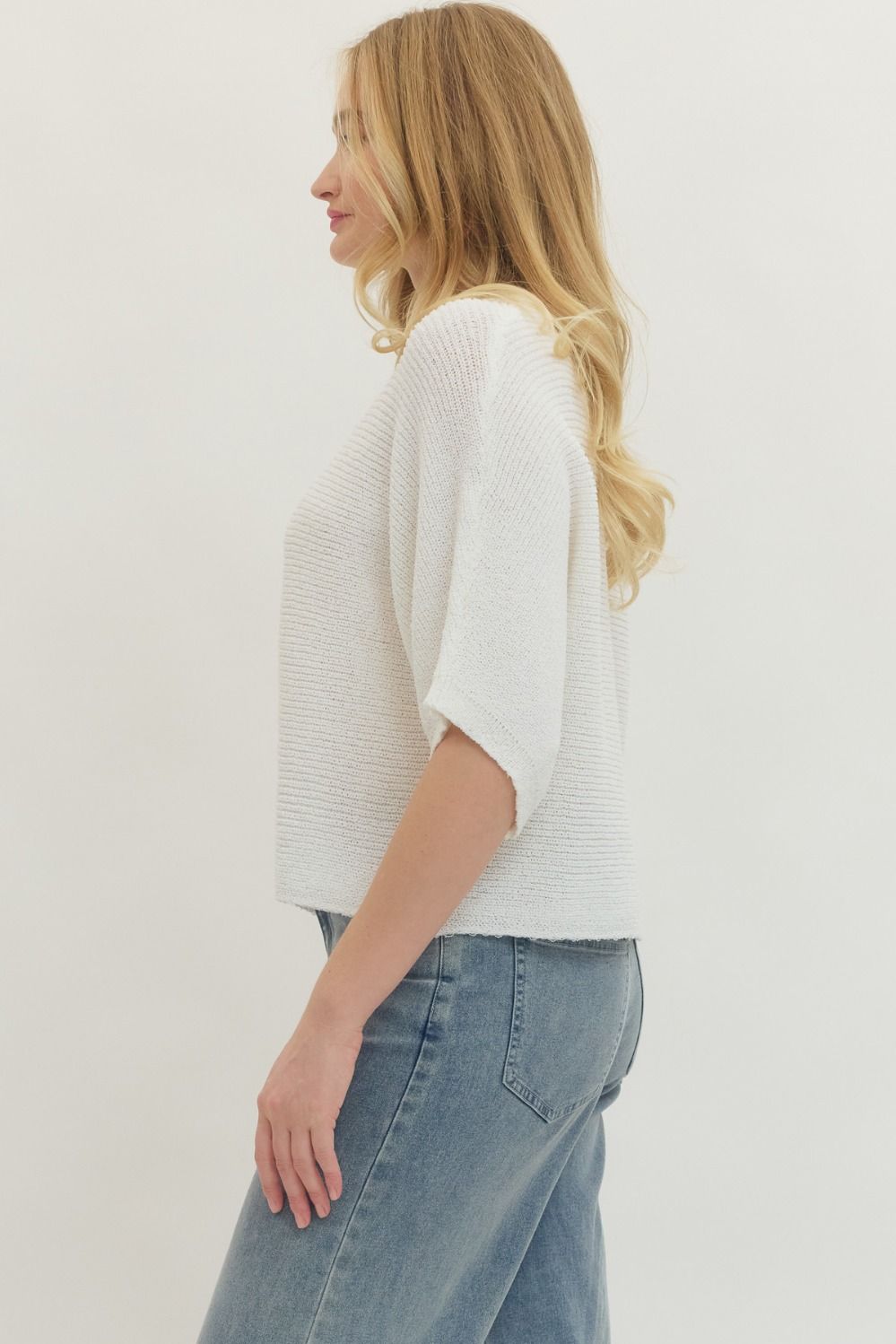 White Knit Drop Sleeve Top