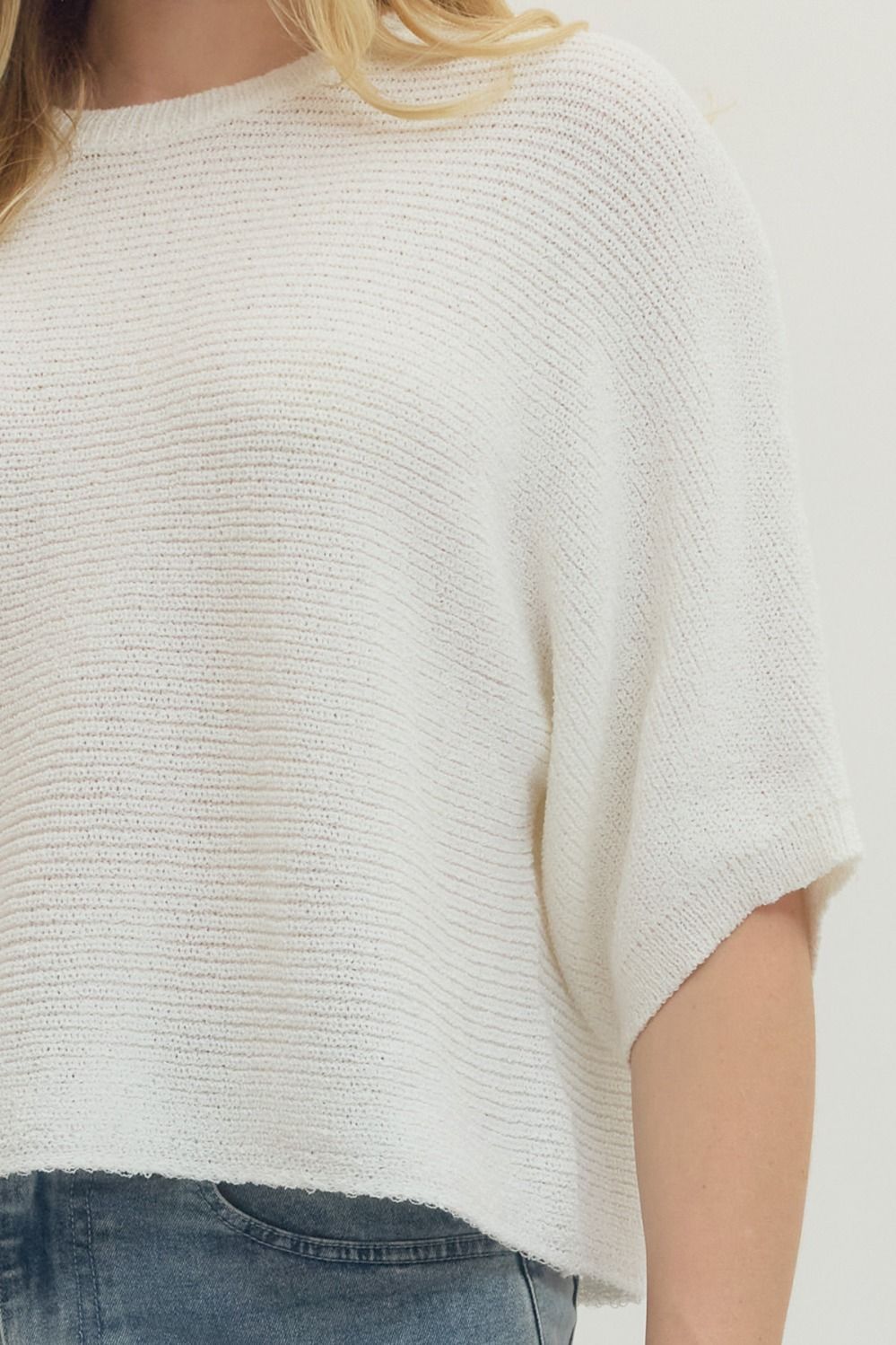 White Knit Drop Sleeve Top
