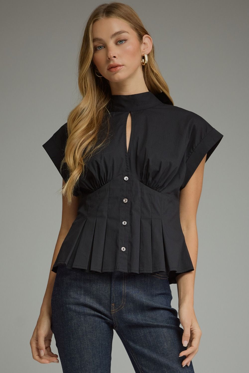 Black Keyhole Cap Sleeve Button Up Short Sleeve Top
