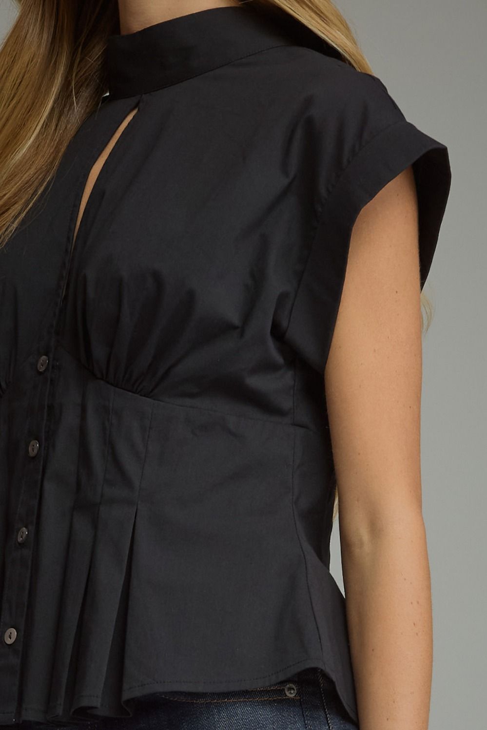Black Keyhole Cap Sleeve Button Up Short Sleeve Top