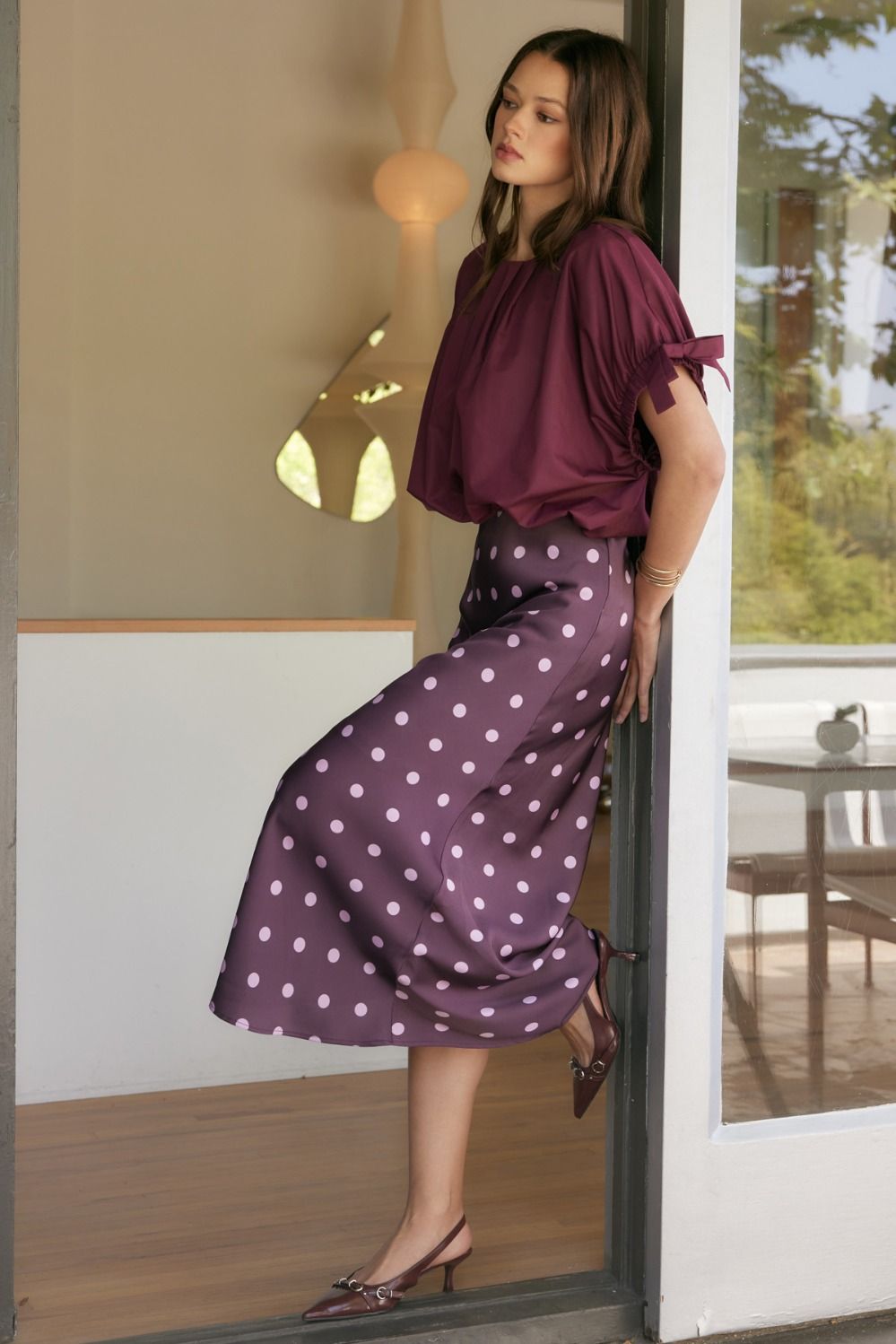 Plum Polka Dot Midi Skirt