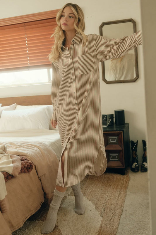 Camel Stripe Shirt Dress