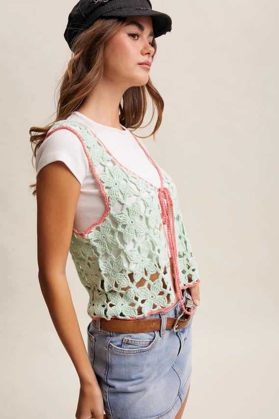 Spearmint Crochet Flower Tie-Front Vest