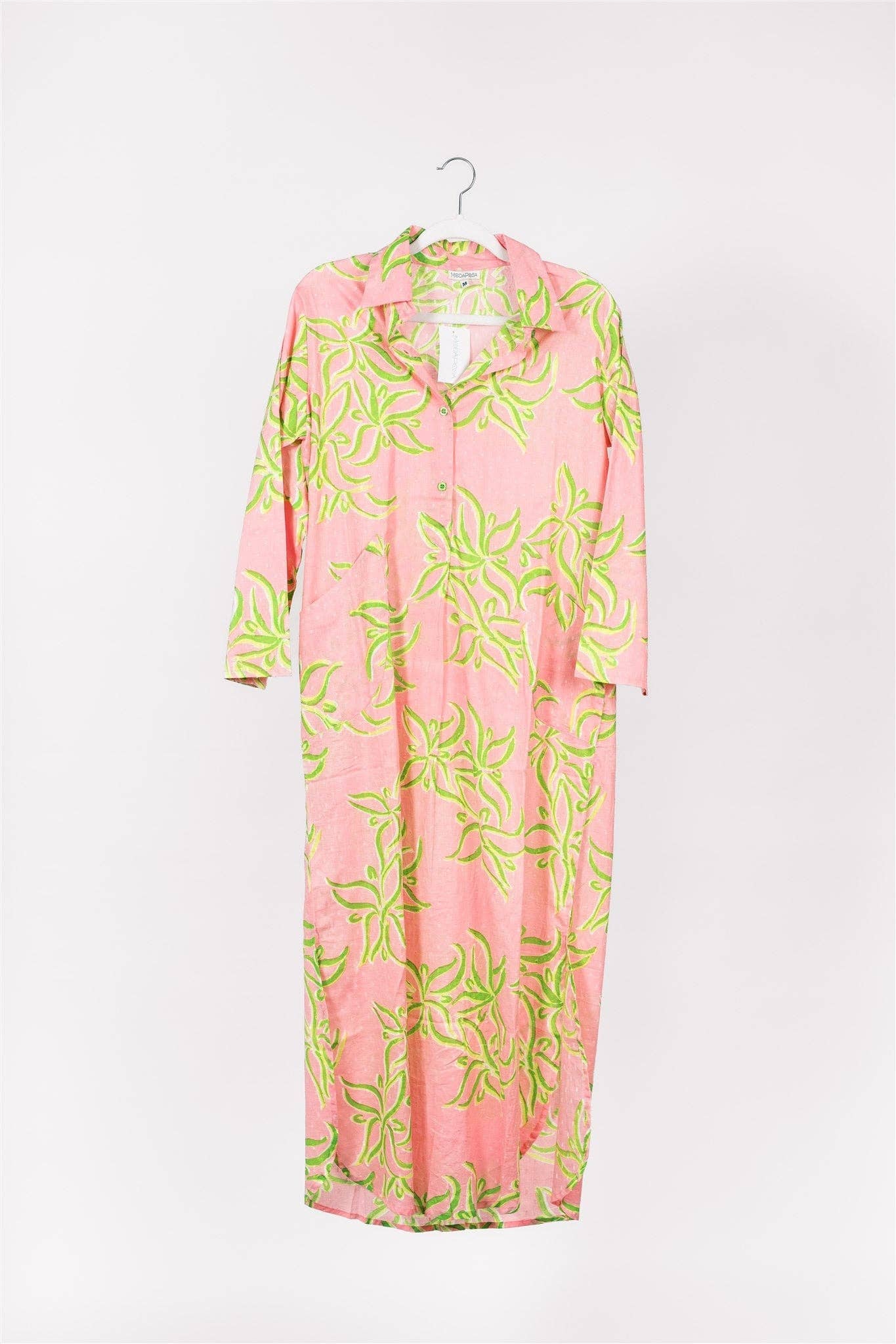 Gabriella Maxi Caftan Shirt Dress Pink Green Spring Summer: M