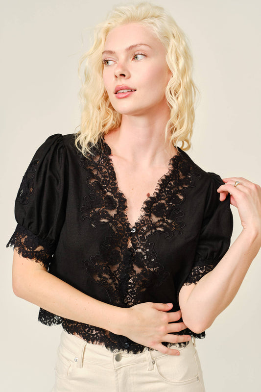Lace Trim Puff Sleeve Button Blouse