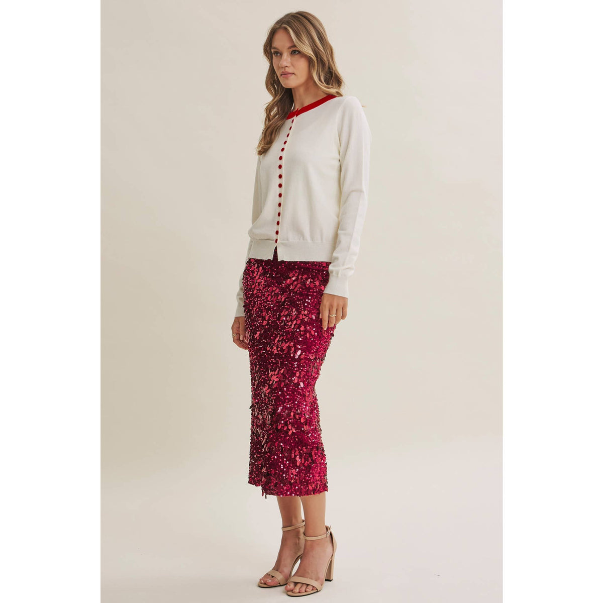 Harvest Glow Sequin Midi Skirt in Cranberry Kiss