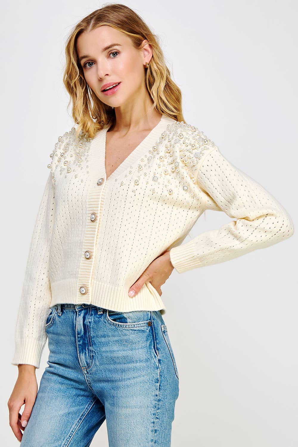 Cream Pearl Studded Eyelet Knit Cardigan Sweater
