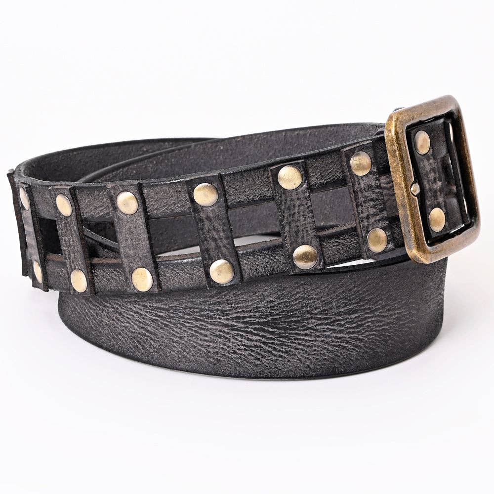 Black Vintage Leather Belt with Studded Cage Design and Antique Brass Buckle