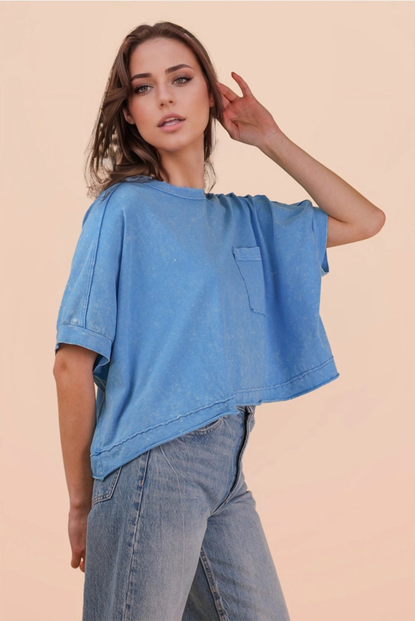 Blue Mineral Washed Oversized Crop Comfy Knit Top