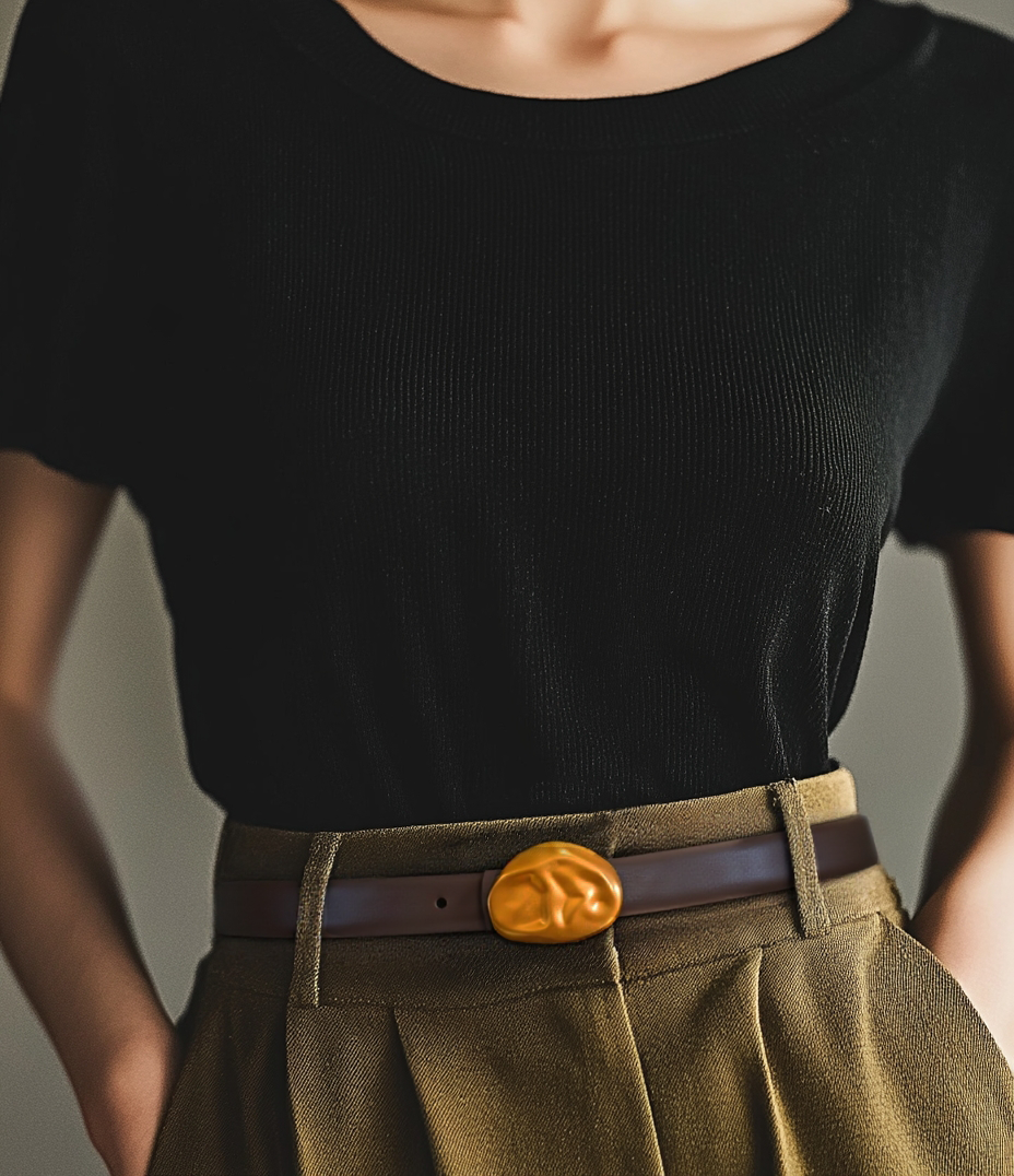 Black/Gold Stitched Clean Leather Belt with Asymmetrical Buckle