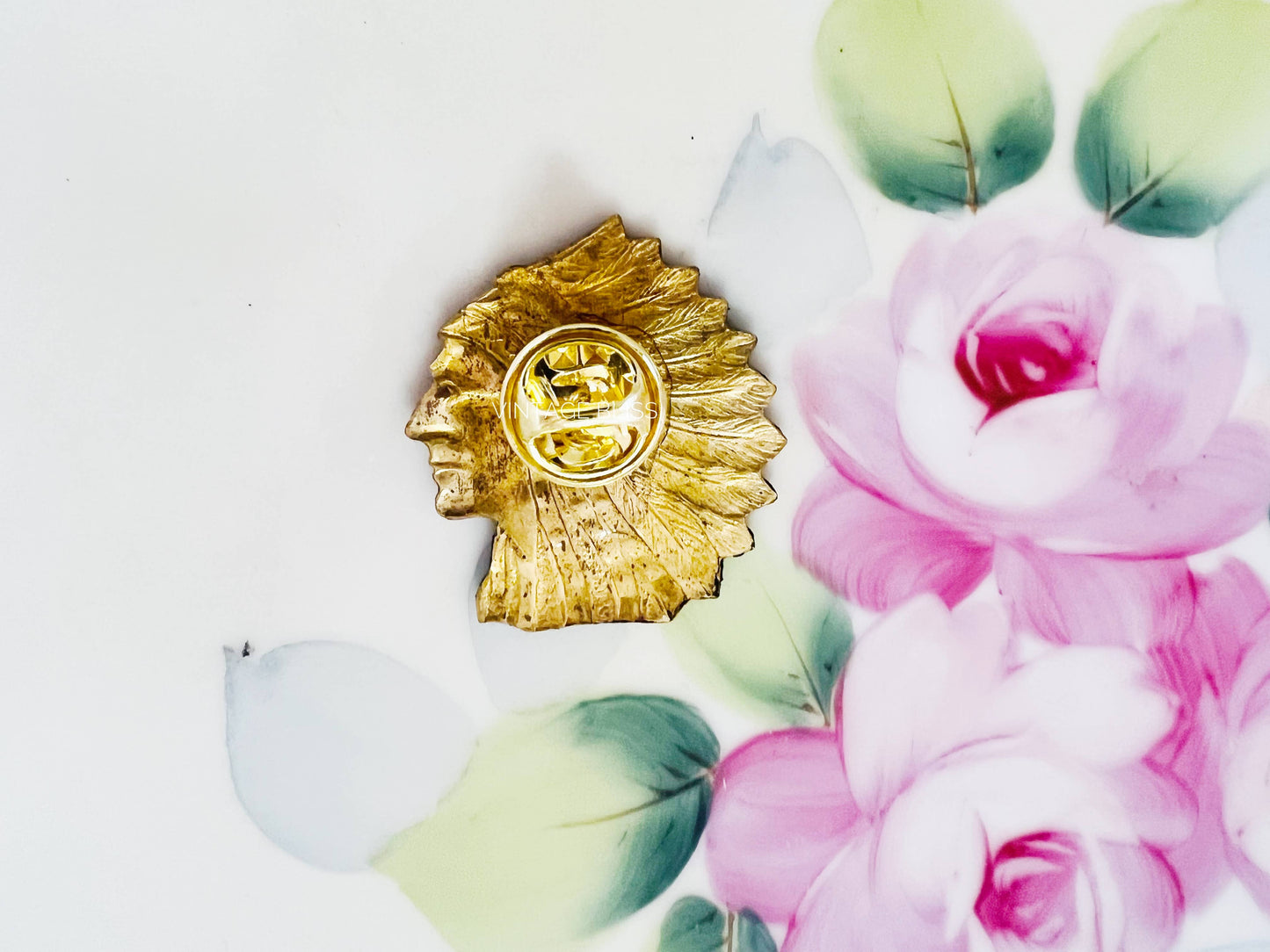 Aged Brass Native American Head Hat Pin profile