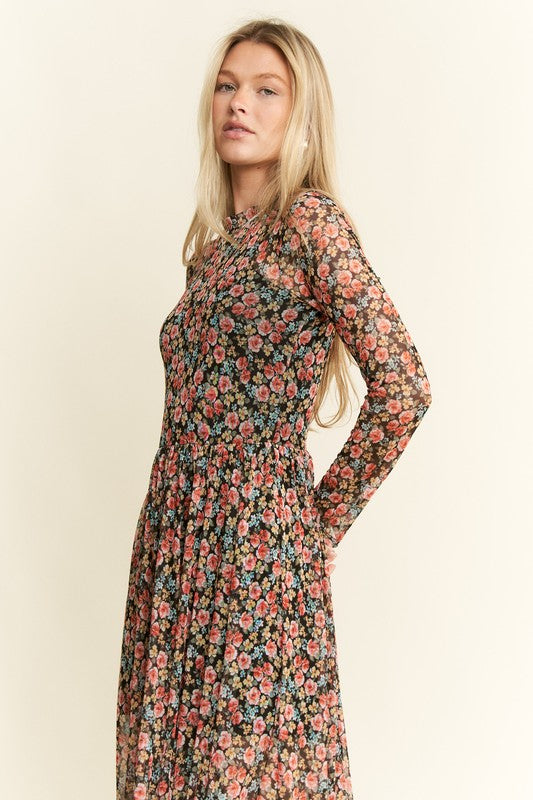 Floral Print Black Maxi Dress