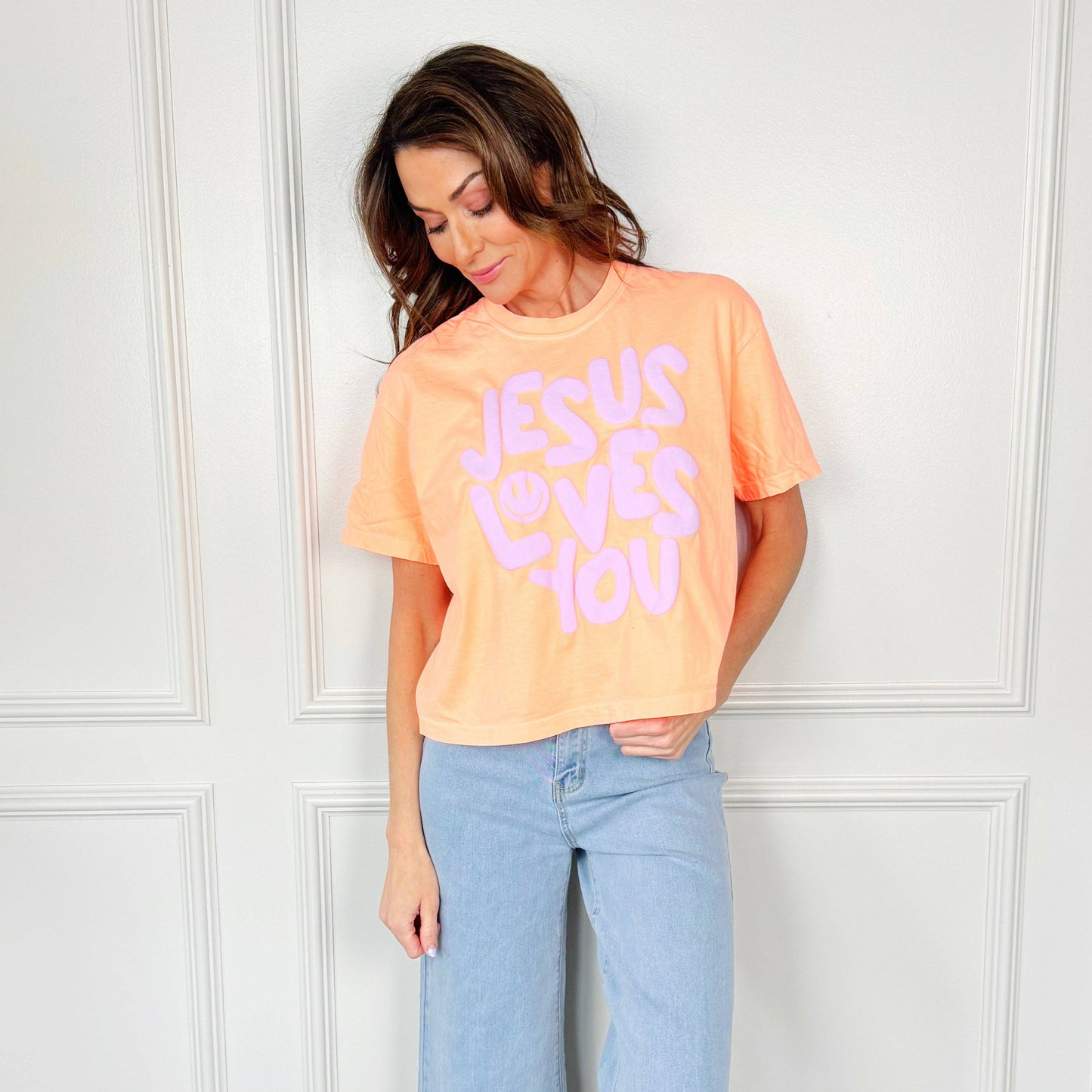 Neon Cantaloupe Smiley Jesus Loves You Puff Cropped Tee