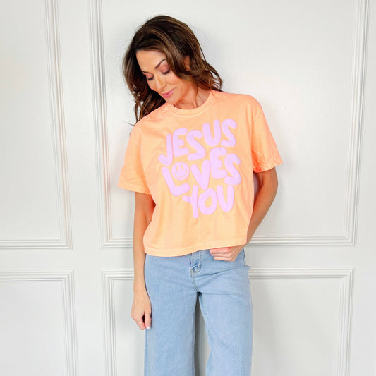 Neon Cantaloupe Smiley Jesus Loves You Puff Cropped Tee