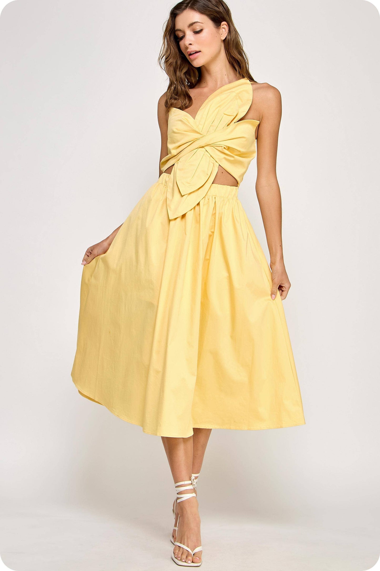 Knotted Flower Bow Midi Dress: Cherry Red / S