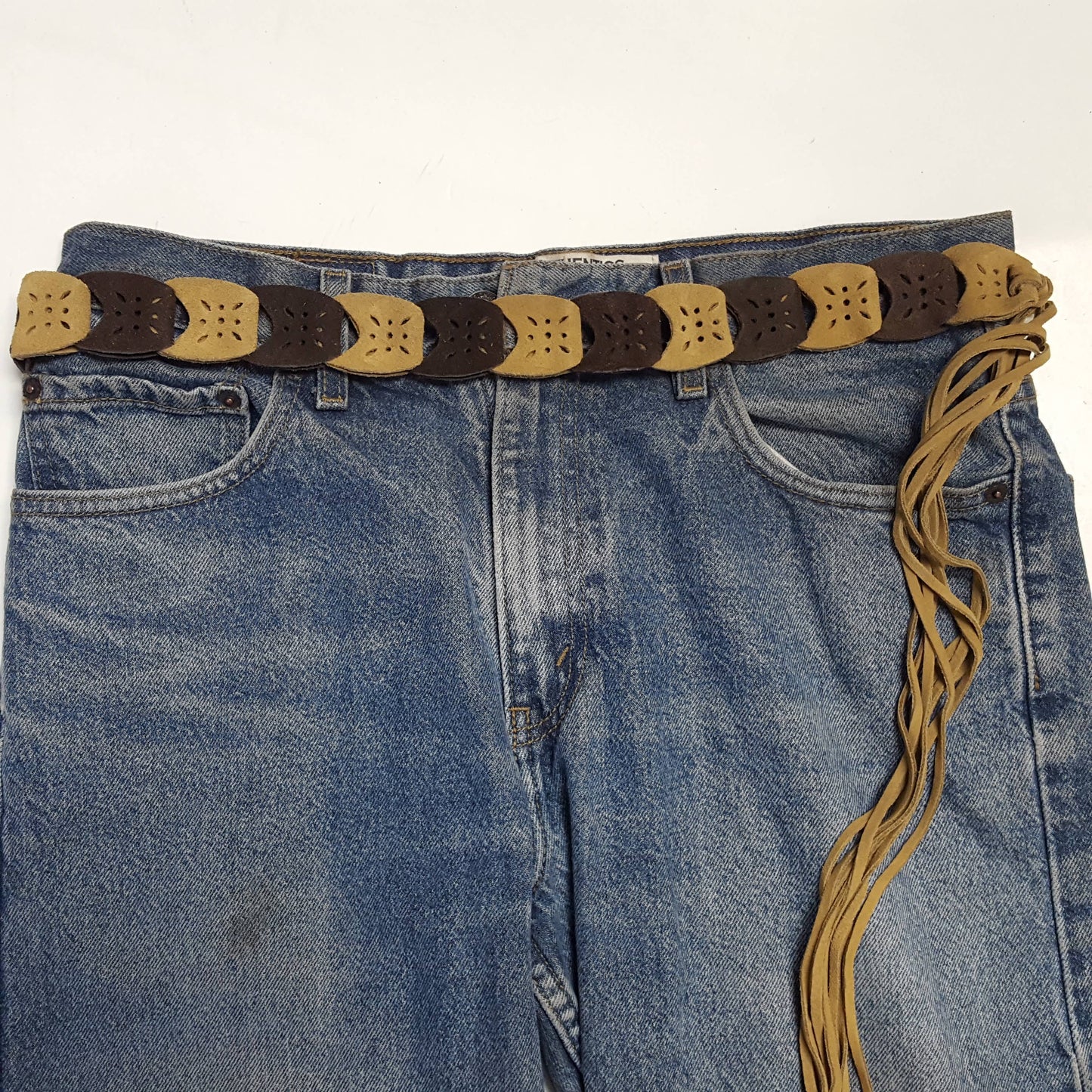 Genuine Suede Link Belt with Fringes: Brown/Sand