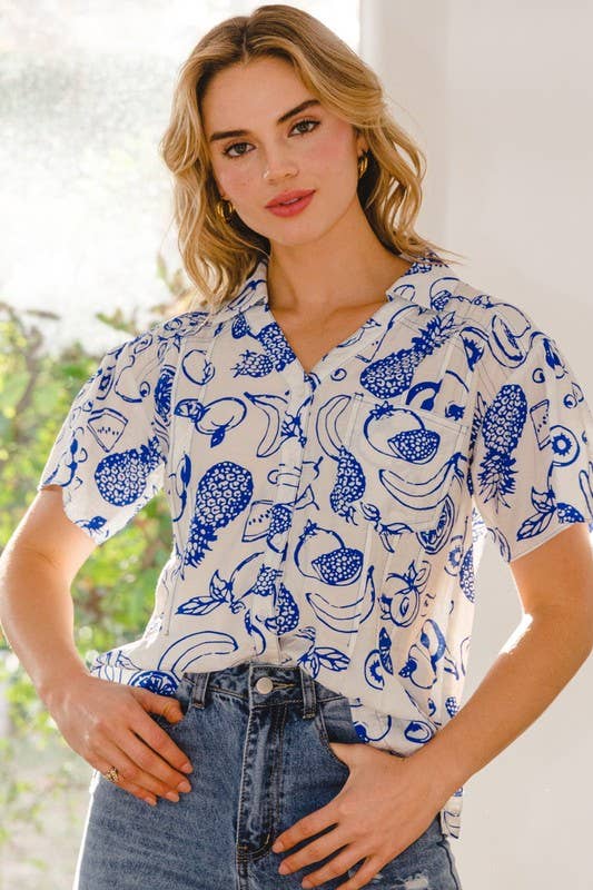 Blue Tropics Fruit Print Button-Down Shirt