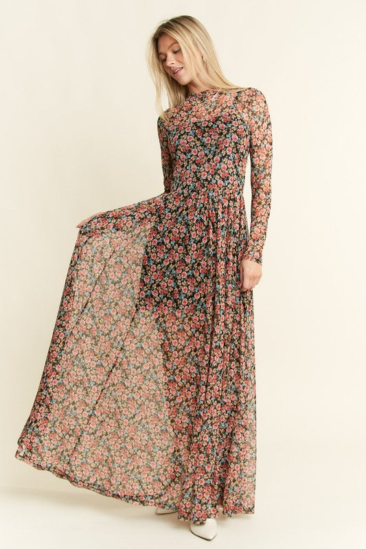 Floral Print Black Maxi Dress