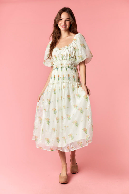 Floral Printed Ruffled and Waist Smocking Maxi Dress