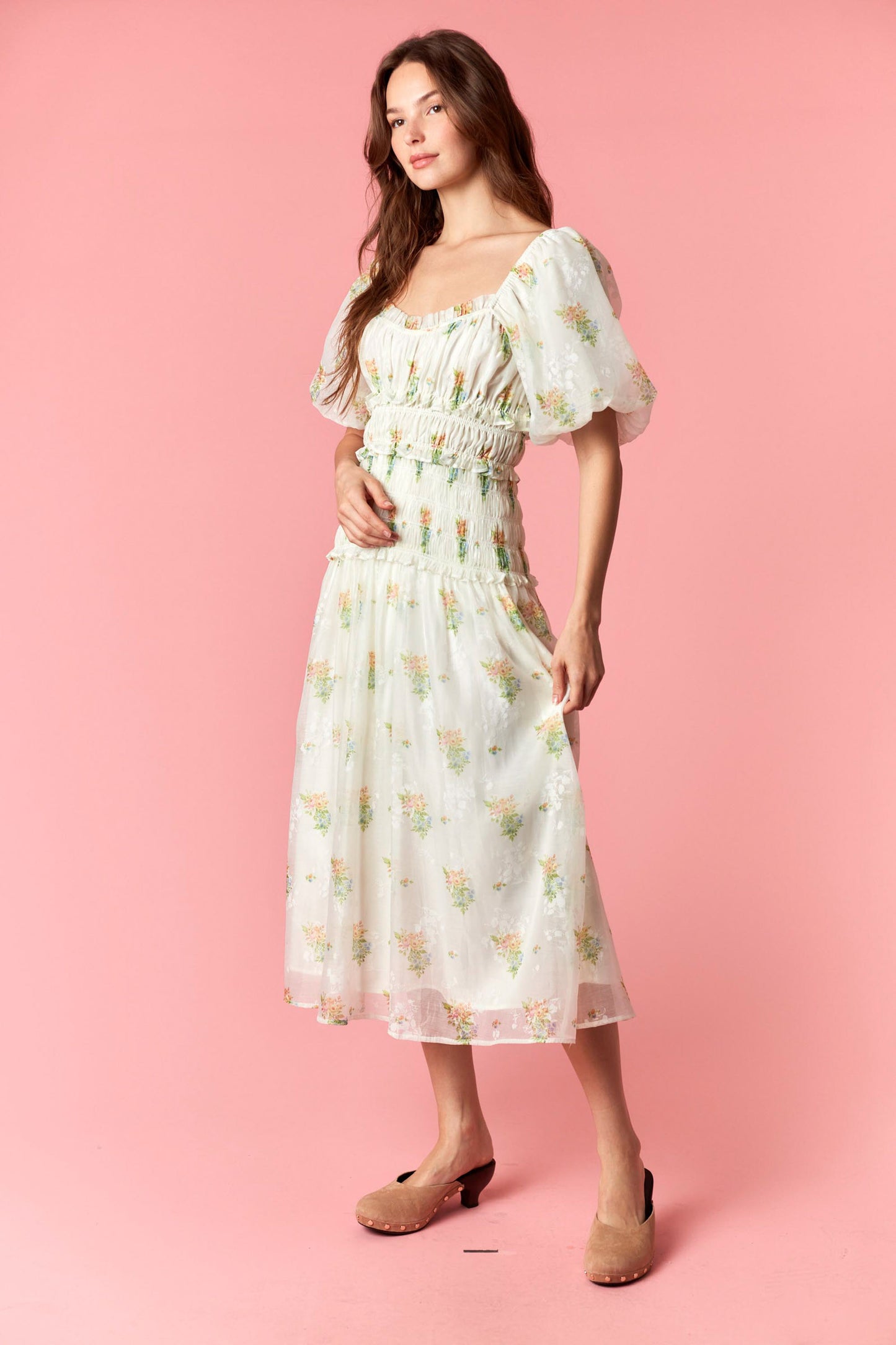 Floral Printed Ruffled and Waist Smocking Maxi Dress