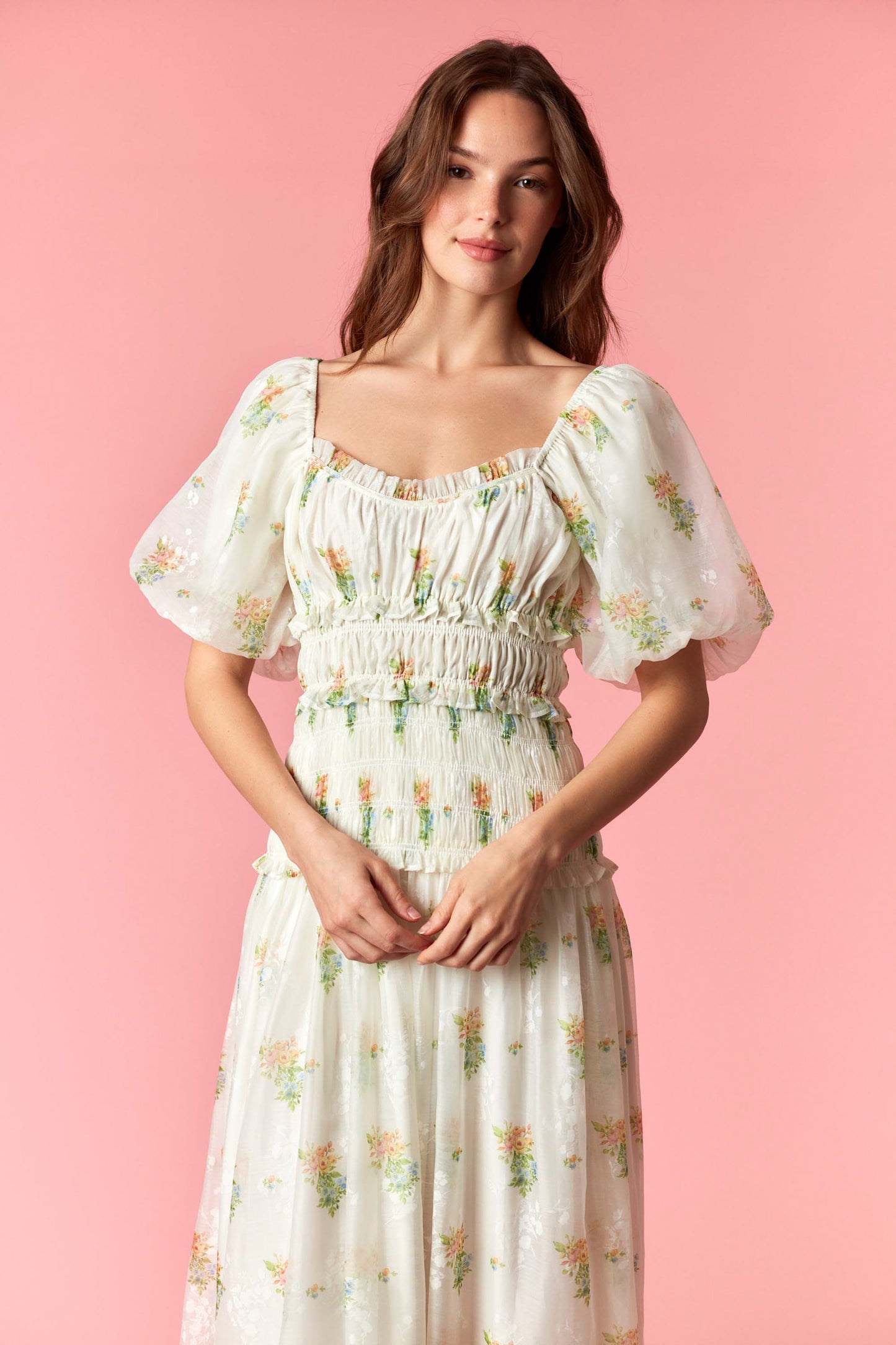 Floral Printed Ruffled and Waist Smocking Maxi Dress