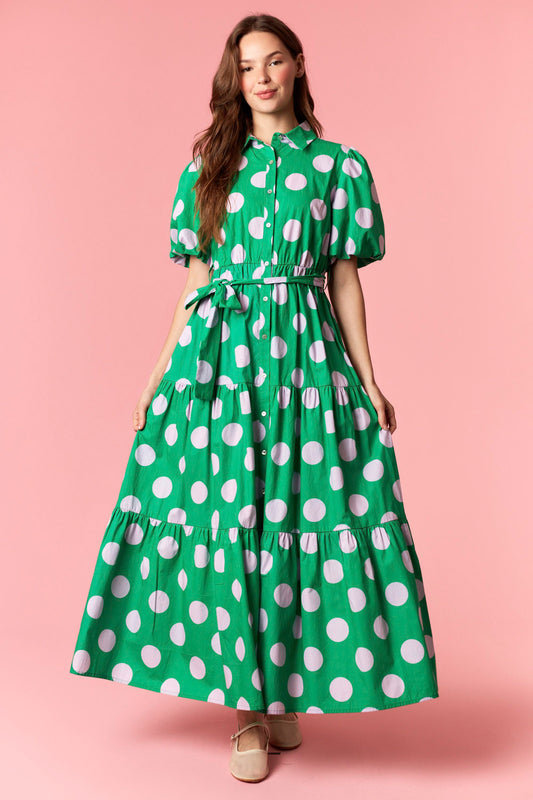 Green Cotton Poplin Polkadot Puff Sleeve Maxi Dress