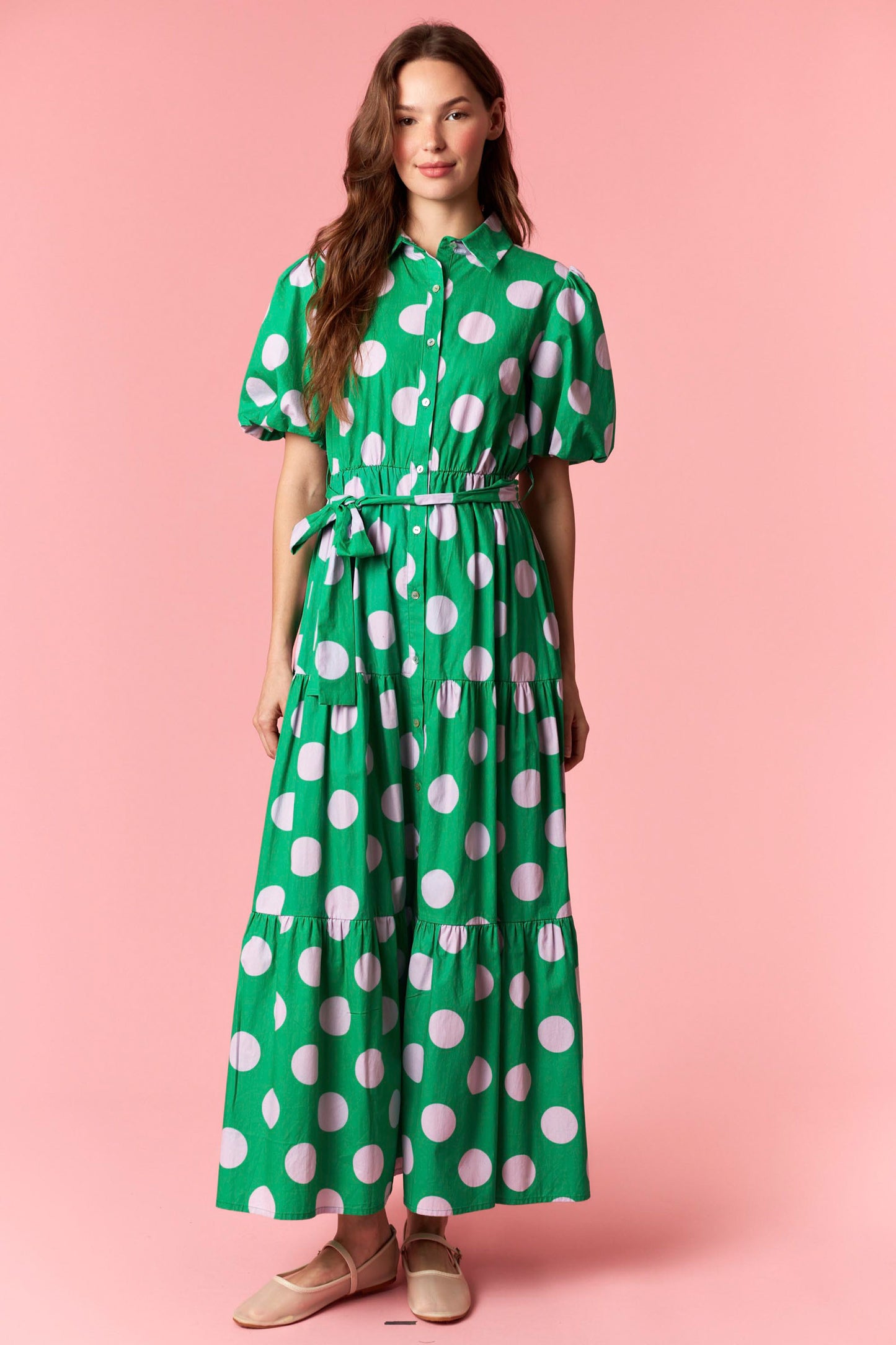 Green Cotton Poplin Polkadot Puff Sleeve Maxi Dress