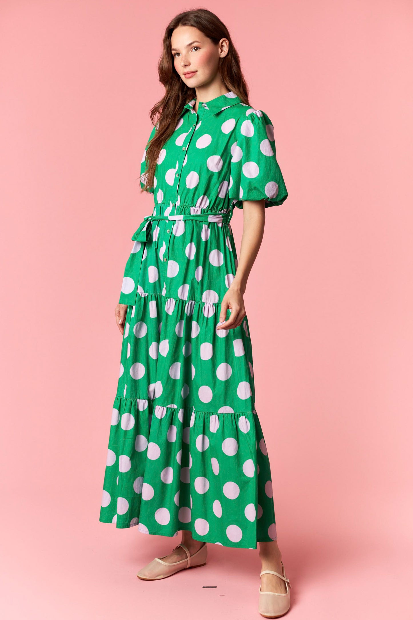 Green Cotton Poplin Polkadot Puff Sleeve Maxi Dress