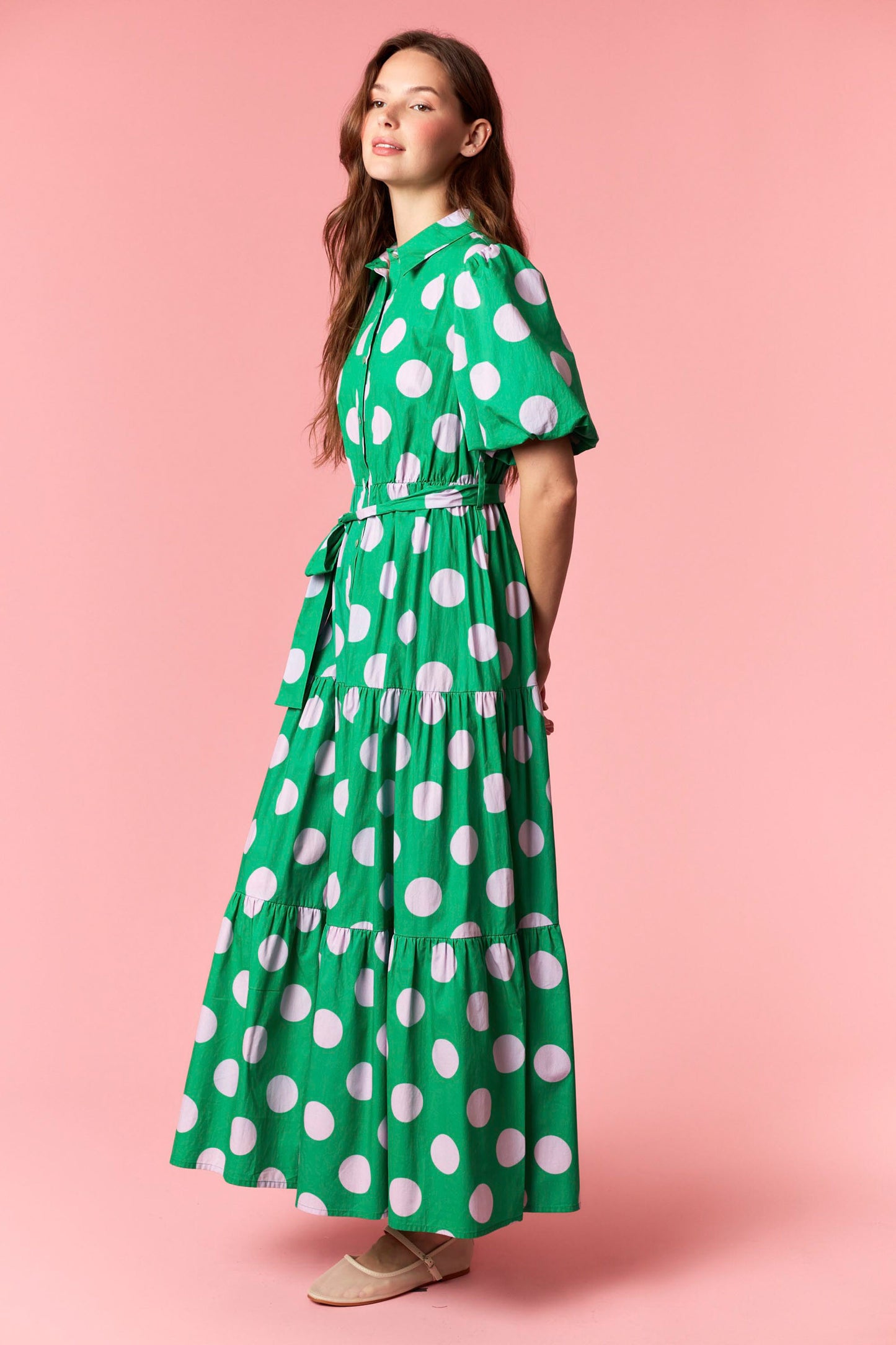 Green Cotton Poplin Polkadot Puff Sleeve Maxi Dress