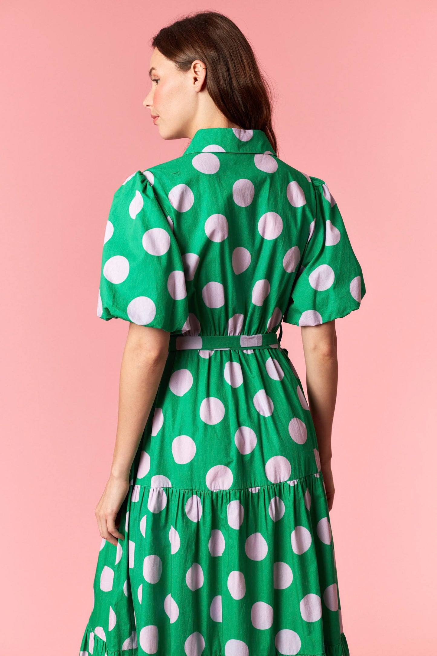 Green Cotton Poplin Polkadot Puff Sleeve Maxi Dress