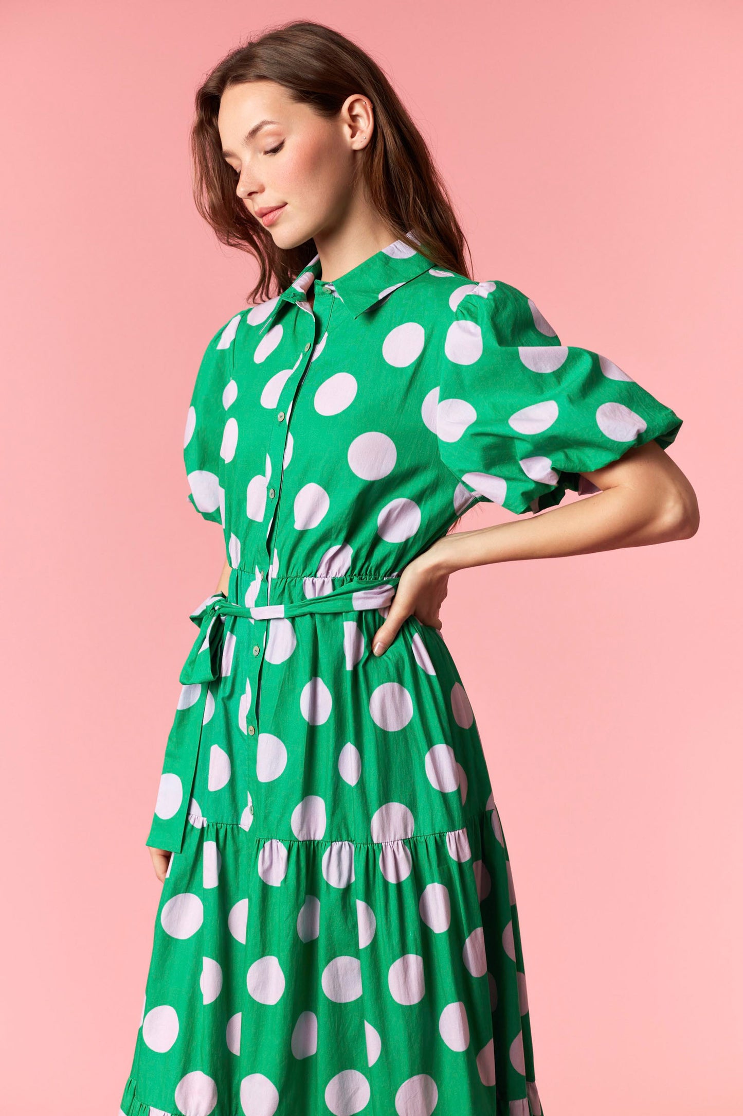 Green Cotton Poplin Polkadot Puff Sleeve Maxi Dress