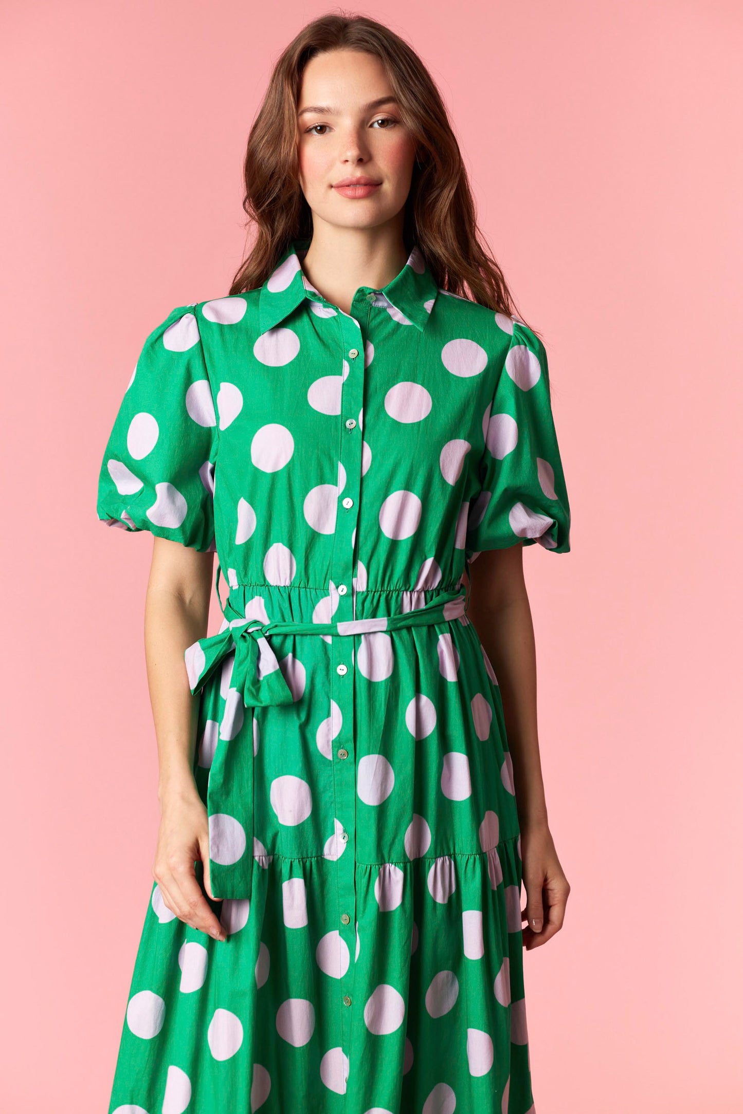 Green Cotton Poplin Polkadot Puff Sleeve Maxi Dress
