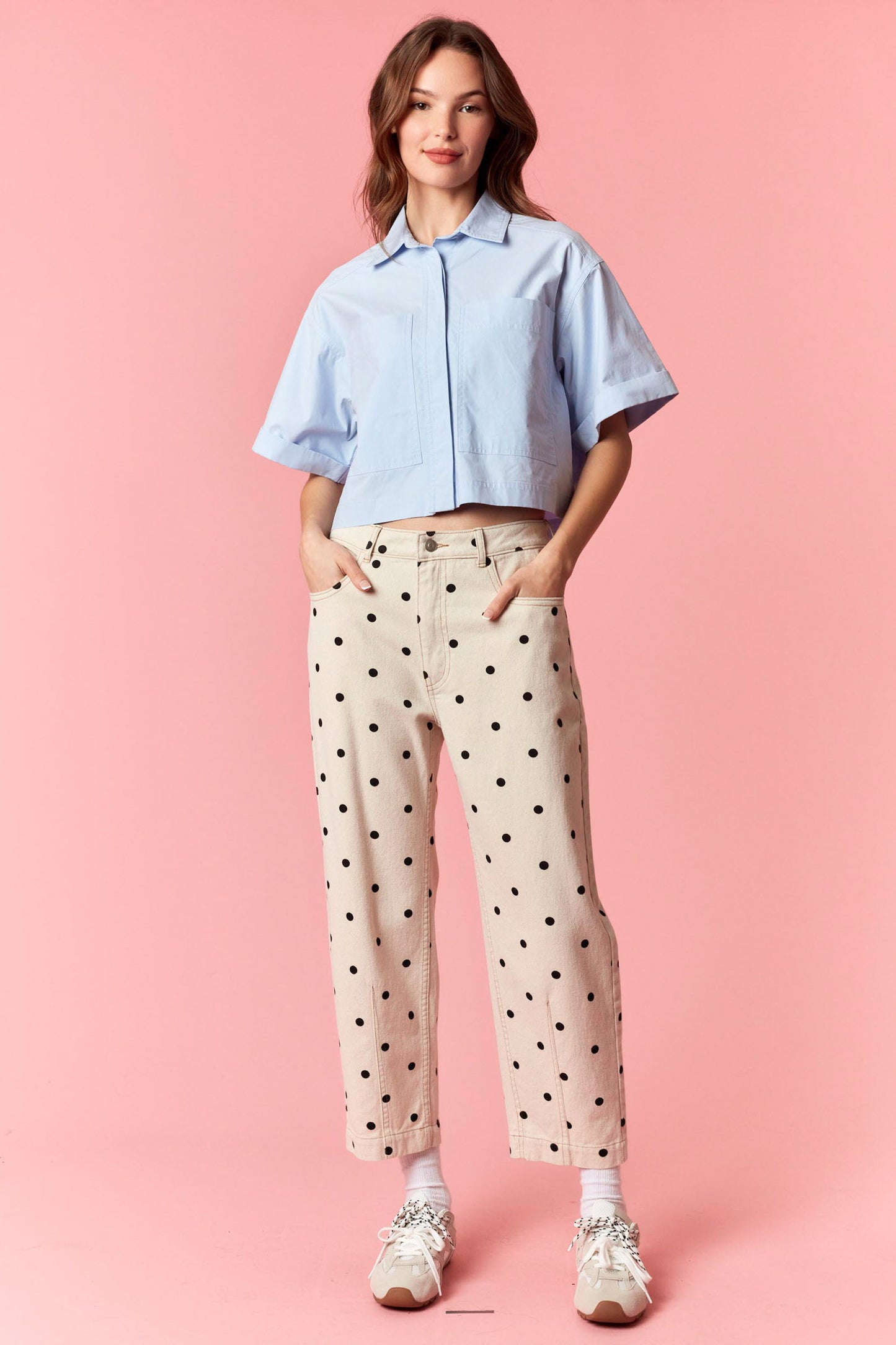 Polka Dot Printed Twill Denim Barrel Pants