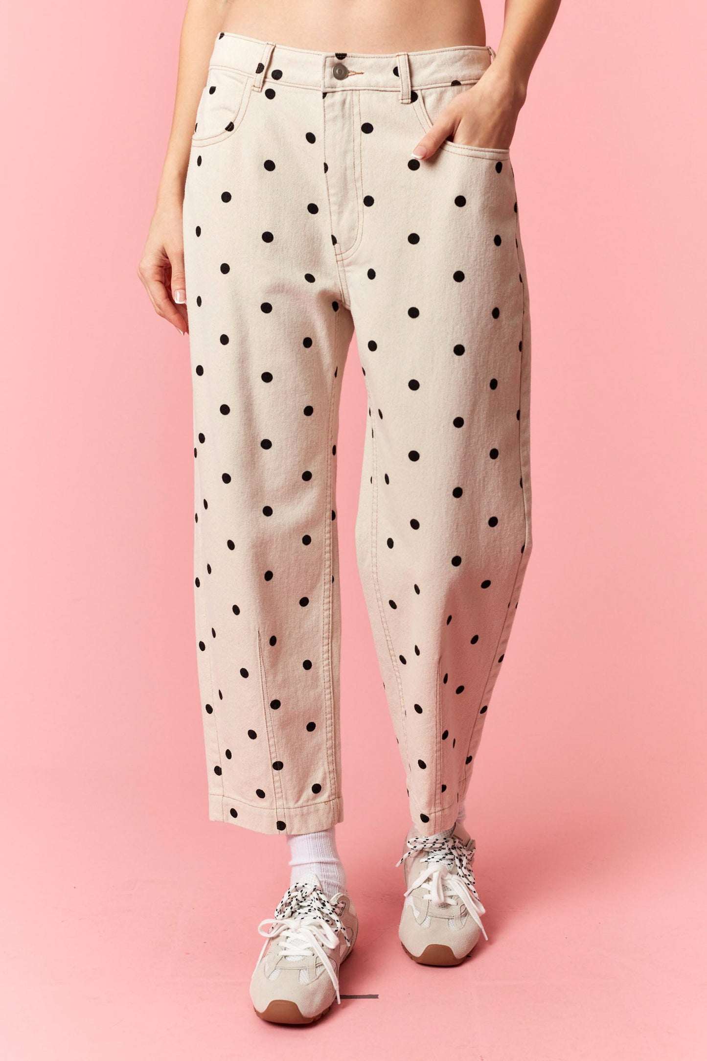 Polka Dot Printed Twill Denim Barrel Pants