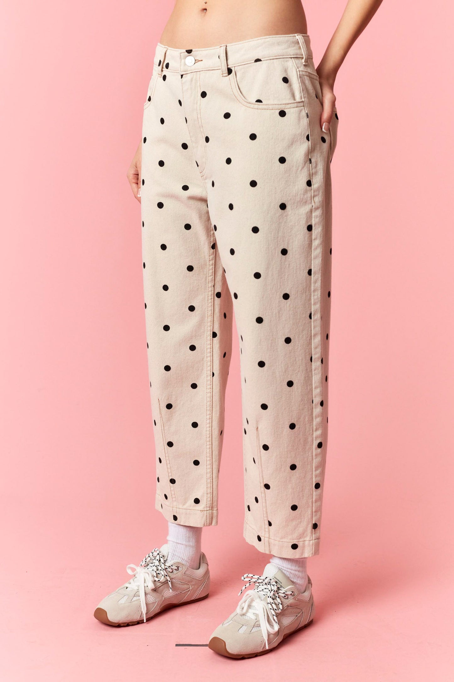 Polka Dot Printed Twill Denim Barrel Pants