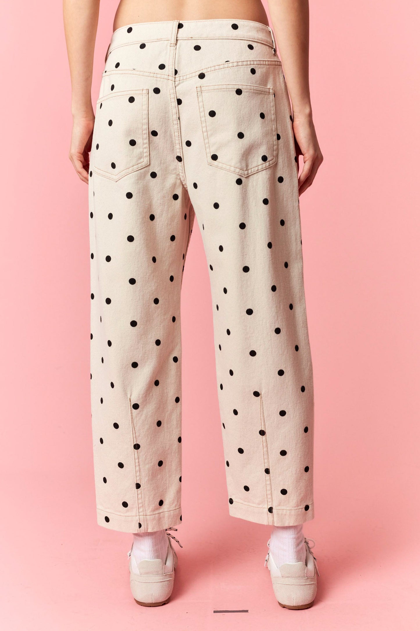 Polka Dot Printed Twill Denim Barrel Pants