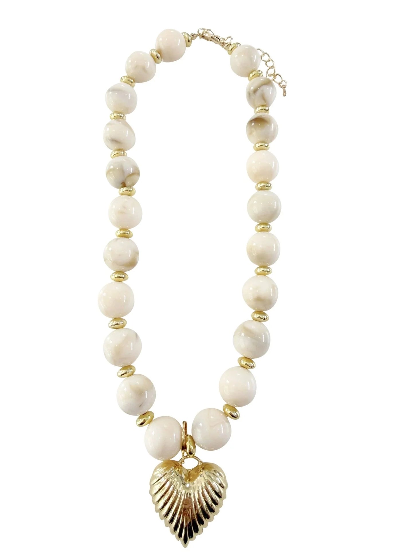 Lulu Beaded Necklace with Gold Heart Pendant - Cream