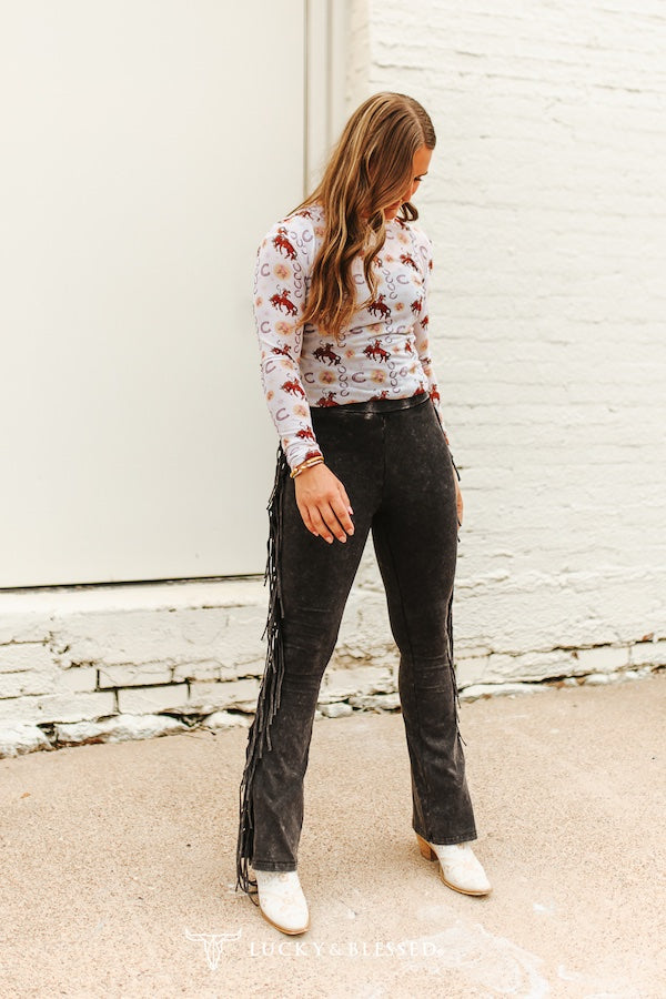 Black Mineral Wash Side Fringe Flare Pants