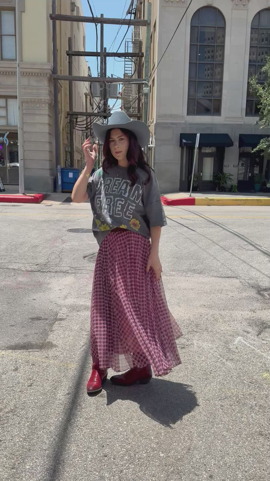 Pink and Brown Printed Mesh Long Skirt